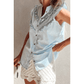 Micha Beau Blue Mineral Wash Cap Sleeve Frilled Button Up Denim Shirt