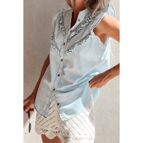 Micha Beau Blue Mineral Wash Cap Sleeve Frilled Button Up Denim Shirt
