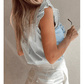 Micha Beau Blue Mineral Wash Cap Sleeve Frilled Button Up Denim Shirt