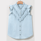 Micha Beau Blue Mineral Wash Cap Sleeve Frilled Button Up Denim Shirt
