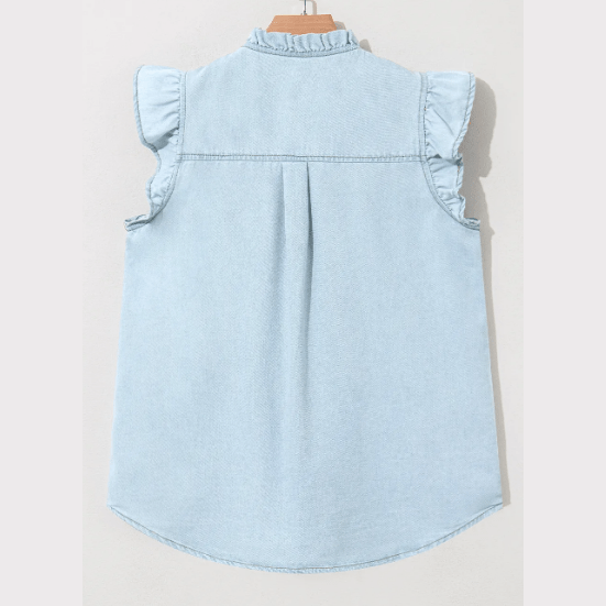 Micha Beau Blue Mineral Wash Cap Sleeve Frilled Button Up Denim Shirt
