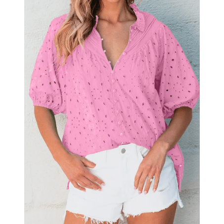 Jocelyn Pink Flower Embroidered Hollow-out Puff Sleeve Blouse