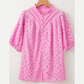 Jocelyn Pink Flower Embroidered Hollow-out Puff Sleeve Blouse