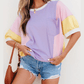 Delia Purple Color Block Patchwork Half Sleeve Oversized T Shirt