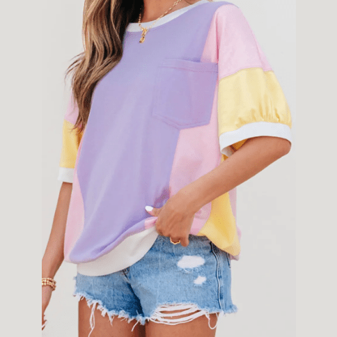 Delia Purple Color Block Patchwork Half Sleeve Oversized T Shirt