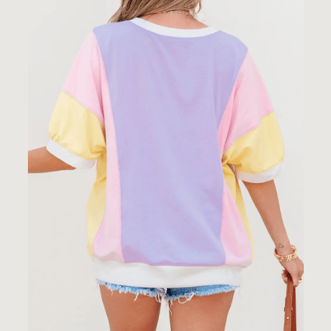 Delia Purple Color Block Patchwork Half Sleeve Oversized T Shirt