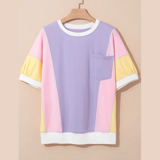 Delia Purple Color Block Patchwork Half Sleeve Oversized T Shirt