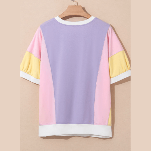 Delia Purple Color Block Patchwork Half Sleeve Oversized T Shirt