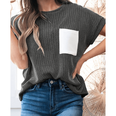 Noelle Carbon Grey Corded Knit Color Block Pocketed Crew Neck T Shirt