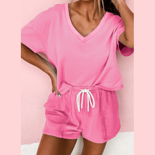 Penni Bonbon Pink V Neck Drop Shoulder Tee and Patchwork Drawstring Shorts Set