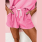 Penni Bonbon Pink V Neck Drop Shoulder Tee and Patchwork Drawstring Shorts Set
