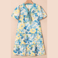 Macee Blue Floral Striped Trim Puff Short Sleeve Dress