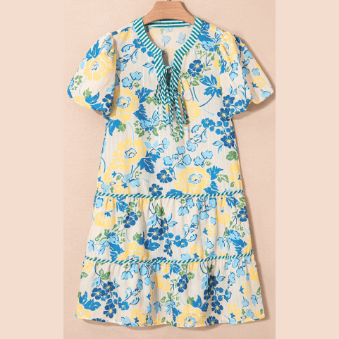Macee Blue Floral Striped Trim Puff Short Sleeve Dress