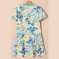 Macee Blue Floral Striped Trim Puff Short Sleeve Dress