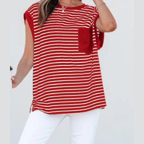 Stassie Red Stripe Chest Pocket Patch Round Neck Tank Top