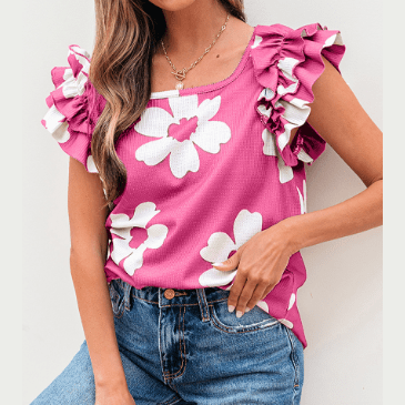 Bonita Pink Floral Textured Ruffled Short Sleeve Square Neck Blouse