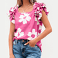 Bonita Pink Floral Textured Ruffled Short Sleeve Square Neck Blouse