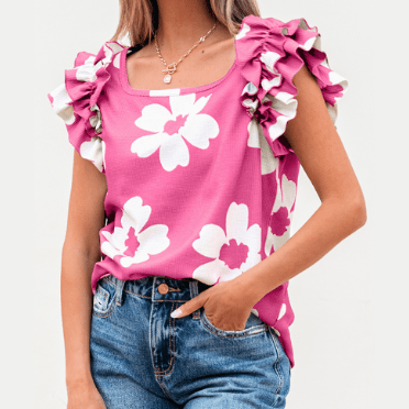 Bonita Pink Floral Textured Ruffled Short Sleeve Square Neck Blouse