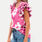 Bonita Pink Floral Textured Ruffled Short Sleeve Square Neck Blouse