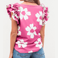 Bonita Pink Floral Textured Ruffled Short Sleeve Square Neck Blouse