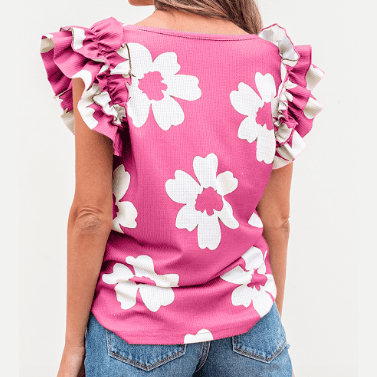 Bonita Pink Floral Textured Ruffled Short Sleeve Square Neck Blouse