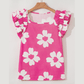 Bonita Pink Floral Textured Ruffled Short Sleeve Square Neck Blouse