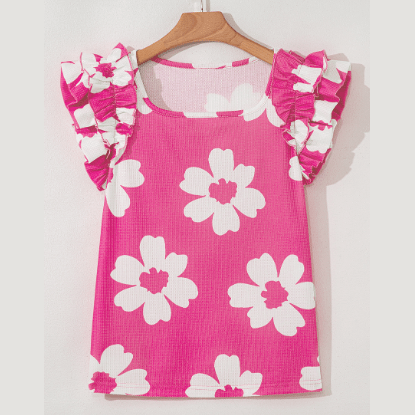 Bonita Pink Floral Textured Ruffled Short Sleeve Square Neck Blouse