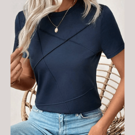 Maren Navy Toothpick Stripe Round Neck T Shirt