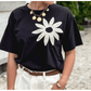 Perla Black Contrast Crochet Floral Graphic Drop Shoulder Loose Tee