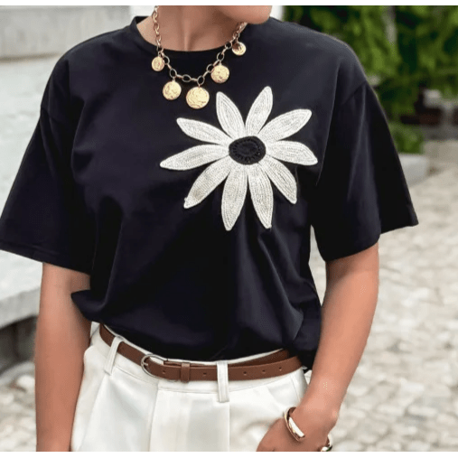 Perla Black Contrast Crochet Floral Graphic Drop Shoulder Loose Tee