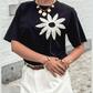 Perla Black Contrast Crochet Floral Graphic Drop Shoulder Loose Tee