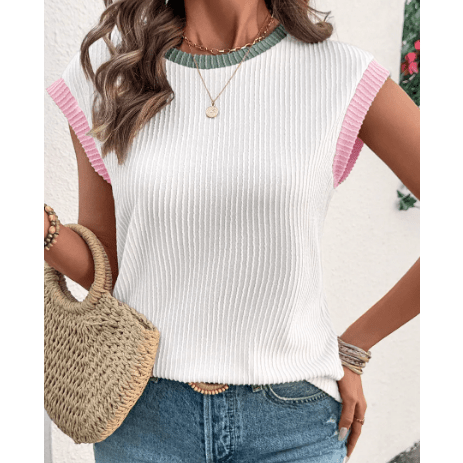 Britley White Color Block Corded Knit Crew Neck Tee
