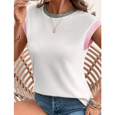 Britley White Color Block Corded Knit Crew Neck Tee