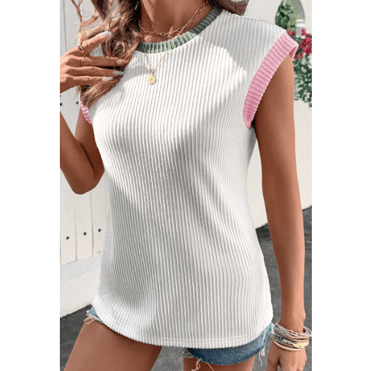 Britley White Color Block Corded Knit Crew Neck Tee