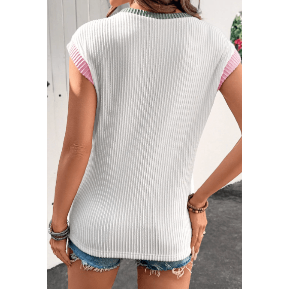 Britley White Color Block Corded Knit Crew Neck Tee