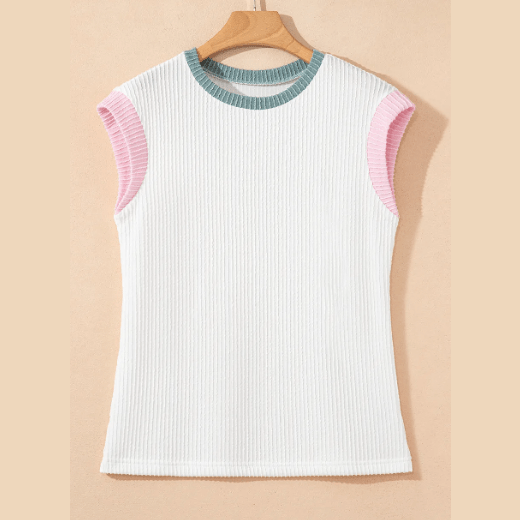 Britley White Color Block Corded Knit Crew Neck Tee