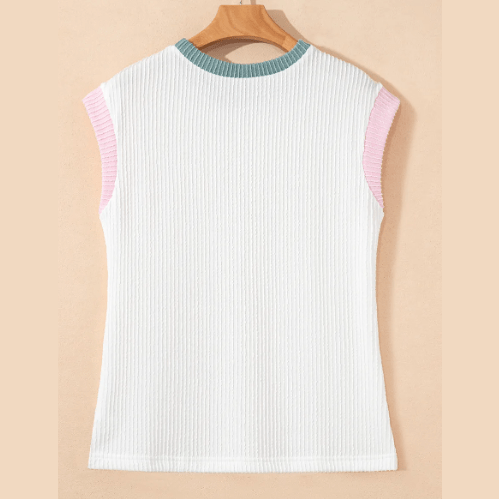 Britley White Color Block Corded Knit Crew Neck Tee