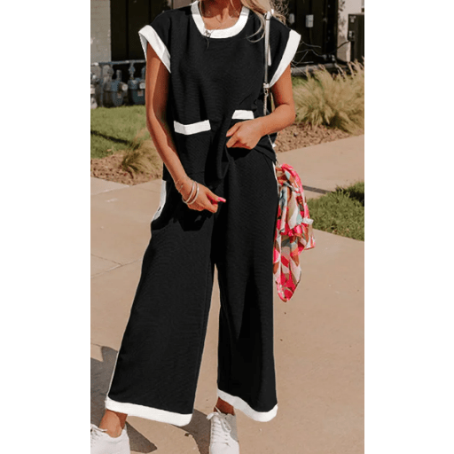 Chantye Black Color Block Pocketed T Shirt and Wide Leg Pants Set