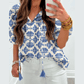 Rita Sky Blue Geometric Print Tassel Drawstring V Neck Blouse