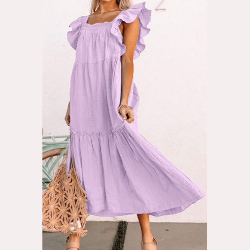 Sarah Purple Ruffled Flutter Sleeve Square Neck Textured Tiered Maxi Dress