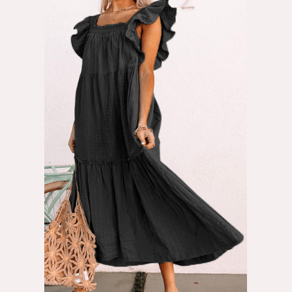 Sarah Black Ruffled Flutter Sleeve Square Neck Textured Tiered Maxi Dress