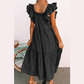 Sarah Black Ruffled Flutter Sleeve Square Neck Textured Tiered Maxi Dress