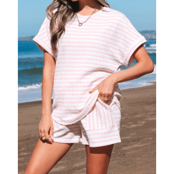 Kitzi Pink Stripe Knitted Short Sleeve Top and Drawstring Shorts Set