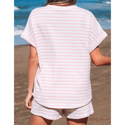 Kitzi Pink Stripe Knitted Short Sleeve Top and Drawstring Shorts Set