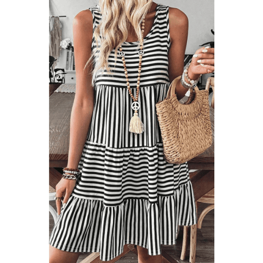 Jezzie Black Stripe U Neck Sleeveless Loose Fit Mini Dress