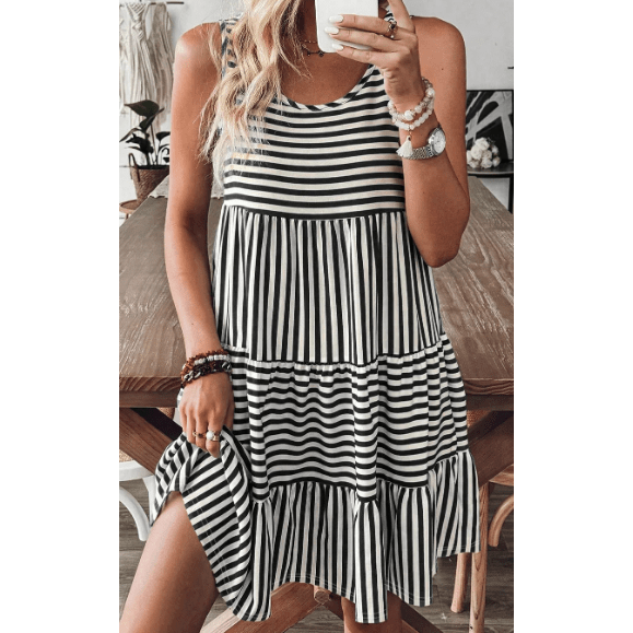 Jezzie Black Stripe U Neck Sleeveless Loose Fit Mini Dress