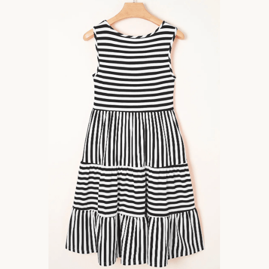 Jezzie Black Stripe U Neck Sleeveless Loose Fit Mini Dress
