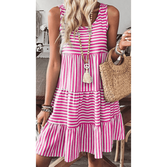 Jezzie Pink Stripe U Neck Sleeveless Loose Fit Mini Dress