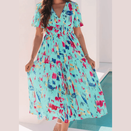 Courtnie Sky Blue Abstract Print Short Puff Sleeve Tiered Maxi Dress