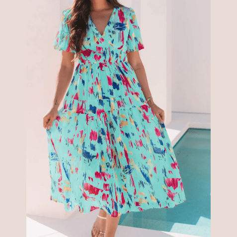 Courtnie Sky Blue Abstract Print Short Puff Sleeve Tiered Maxi Dress